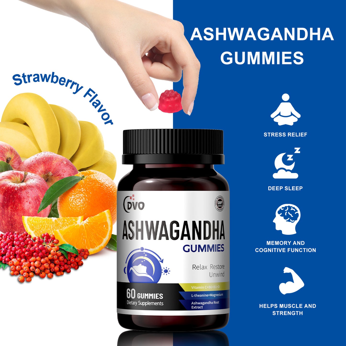 DVO Ashwagandha Gummies for Stress Relief Improve Sleep Mood Enhanced Energy Ashwagandha Vitamin Complex Supplements for Men and Women, Vegan, 60 Capsules