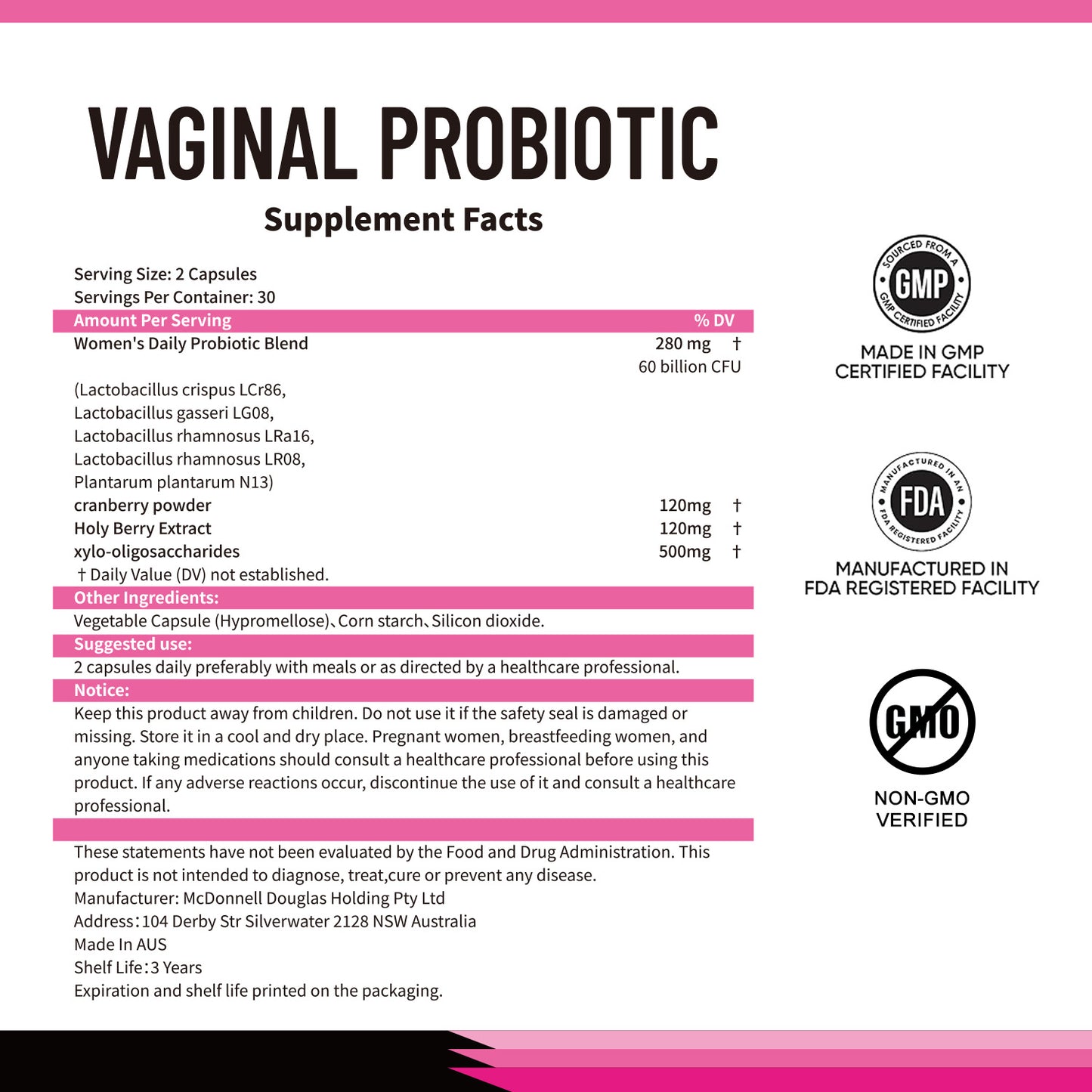 DVO Women's Probiotics for Vaginal Health Care Odor Inflammation 60 Billions Probiotic Cranberry Blend Supports for Urinary Tract Support, 60 Capsules
